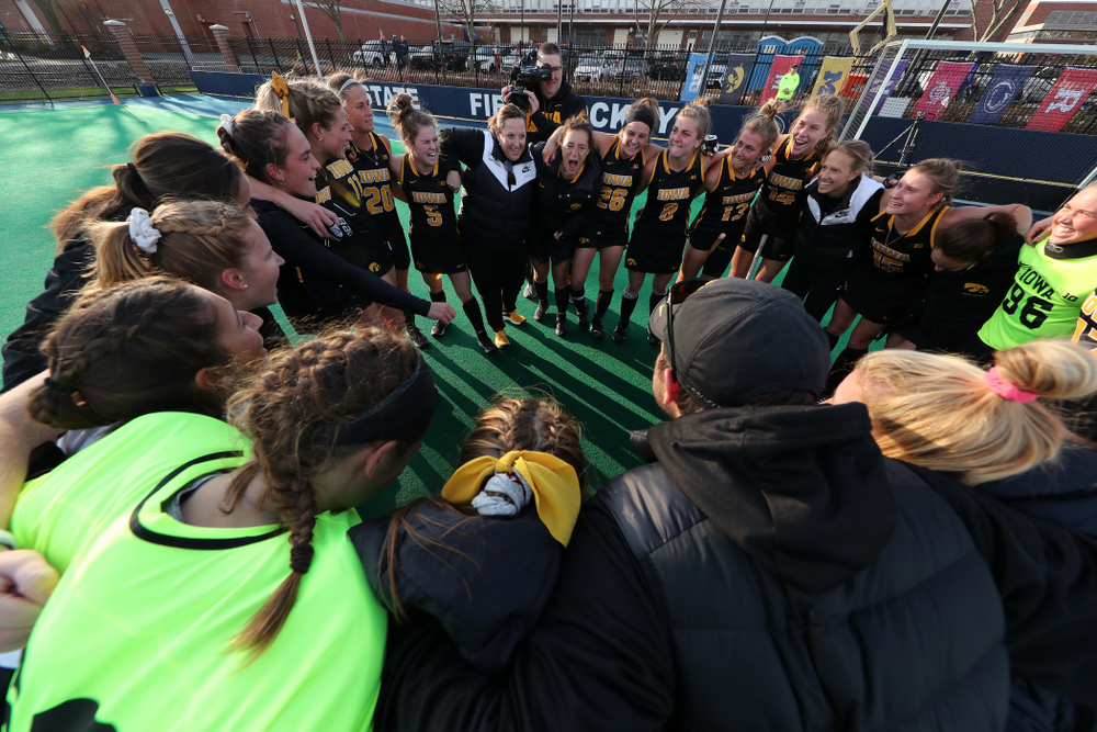 The Iowa Hawkeyes celebrate their victory over Penn State in the 2019 Big Ten Field Hockey Tournament Championship Game Sunday, November 10, 2019 in State College. (Brian Ray/hawkeyesports.com)