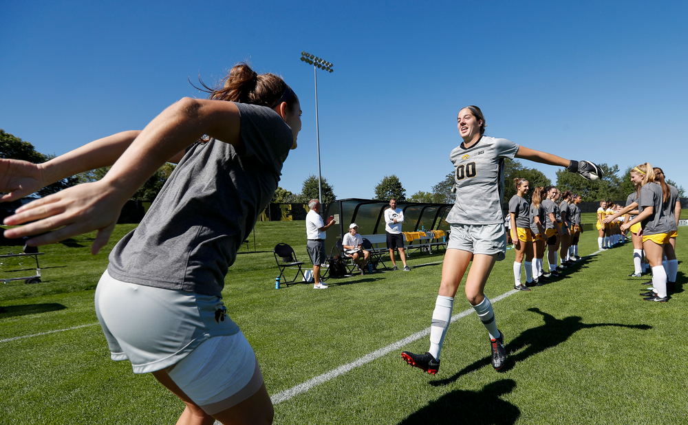 Iowa Hawkeyes goalkeeper Cora Meyers (00) is introduced before a game against Indiana at the Iowa Soccer Complex on September 23, 2018. (Tork Mason/hawkeyesports.com)