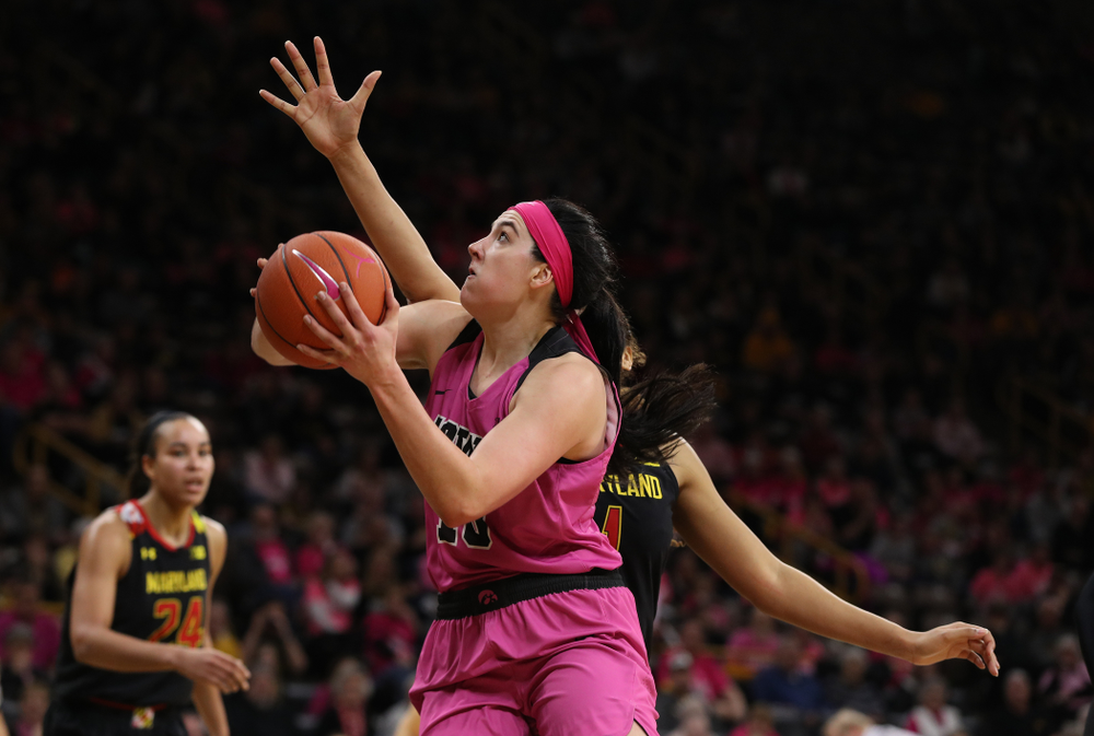 Iowa Hawkeyes forward Megan Gustafson (10) against the seventh ranked Maryland Terrapins Sunday, February 17, 2019 at Carver-Hawkeye Arena. (Brian Ray/hawkeyesports.com)
