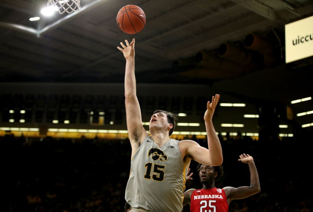 Iowa Hawkeyes forward Ryan Kriener (15) against the Nebraska Cornhuskers Sunday, January 6, 2019 at Carver-Hawkeye Arena. (Brian Ray/hawkeyesports.com)
