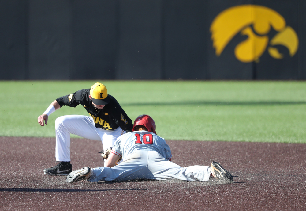 Iowa Hawkeyes infielder Brendan Sher (2) against the Bradley Braves Tuesday, March 26, 2019 at Duane Banks Field. (Brian Ray/hawkeyesports.com)
