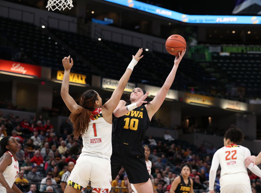Iowa Hawkeyes forward Megan Gustafson (10) against the Maryland Terrapins Sunday, March 10, 2019 at Bankers Life Fieldhouse in Indianapolis, Ind. (Brian Ray/hawkeyesports.com)