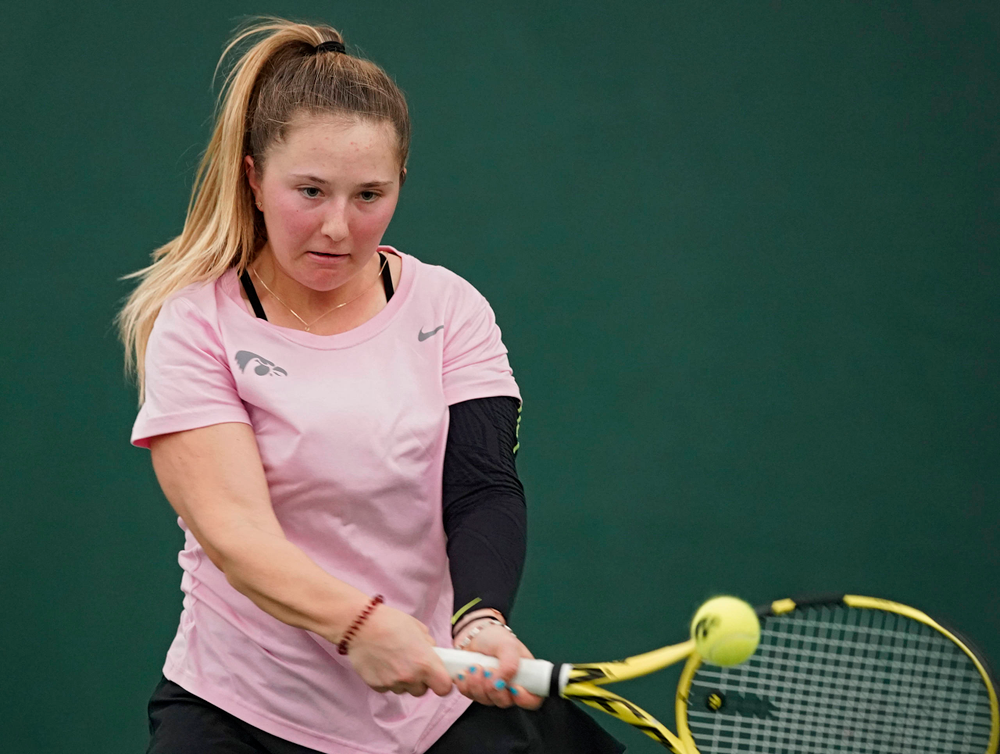 Iowa's Danielle Burich plays a match against Purdue at the Hawkeye Tennis and Recreation Complex in Iowa City on Friday, Mar. 29, 2019. (Stephen Mally/hawkeyesports.com)