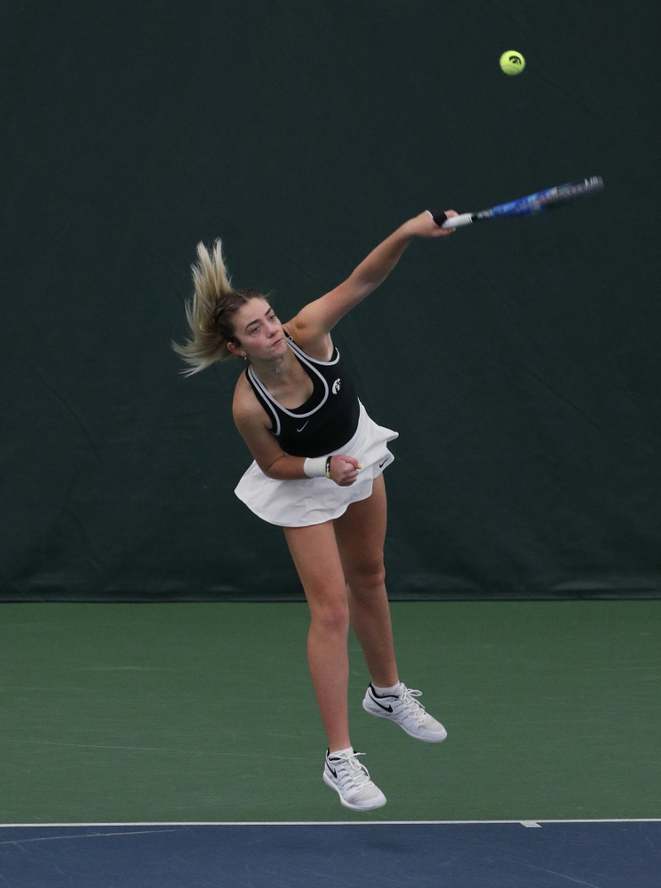 Iowa's Sophie Clark during a doubles match against North Texas Sunday, January 20, 2019 at the Hawkeye Tennis and Recreation Center. (Brian Ray/hawkeyesports.com)