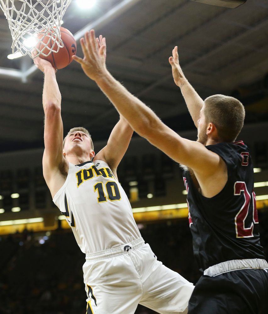 Iowa Hawkeyes guard Joe Wieskamp (10) goes up for a shot near the rim during a game against Guilford College at Carver-Hawkeye Arena on November 4, 2018. (Tork Mason/hawkeyesports.com)