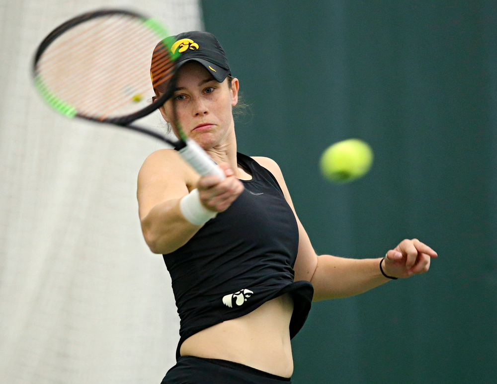 Iowa's Elise van Heuvelen Treadwell during their doubles match against Indiana at the Hawkeye Tennis and Recreation Complex in Iowa City on Sunday, Mar. 31, 2019. (Stephen Mally/hawkeyesports.com)