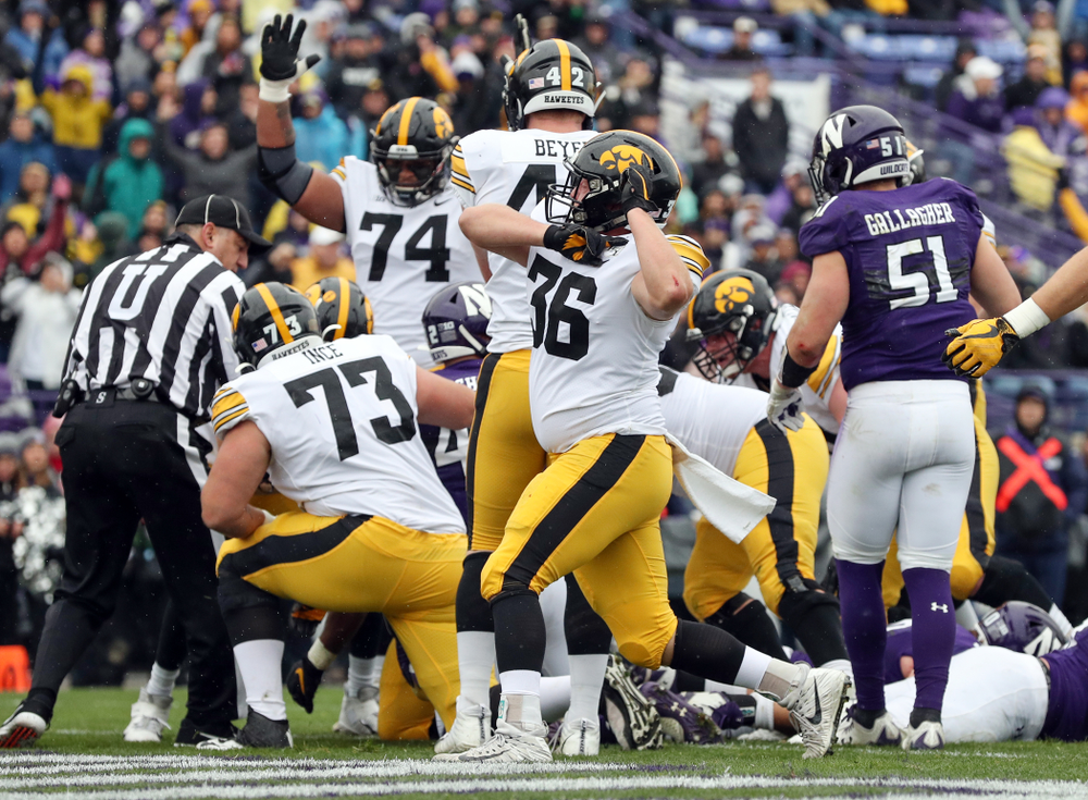 Iowa Hawkeyes fullback Brady Ross (36) celebrates a touchdown against the Northwestern Wildcats Saturday, October 26, 2019 at Ryan Field in Evanston, Ill. (Brian Ray/hawkeyesports.com)