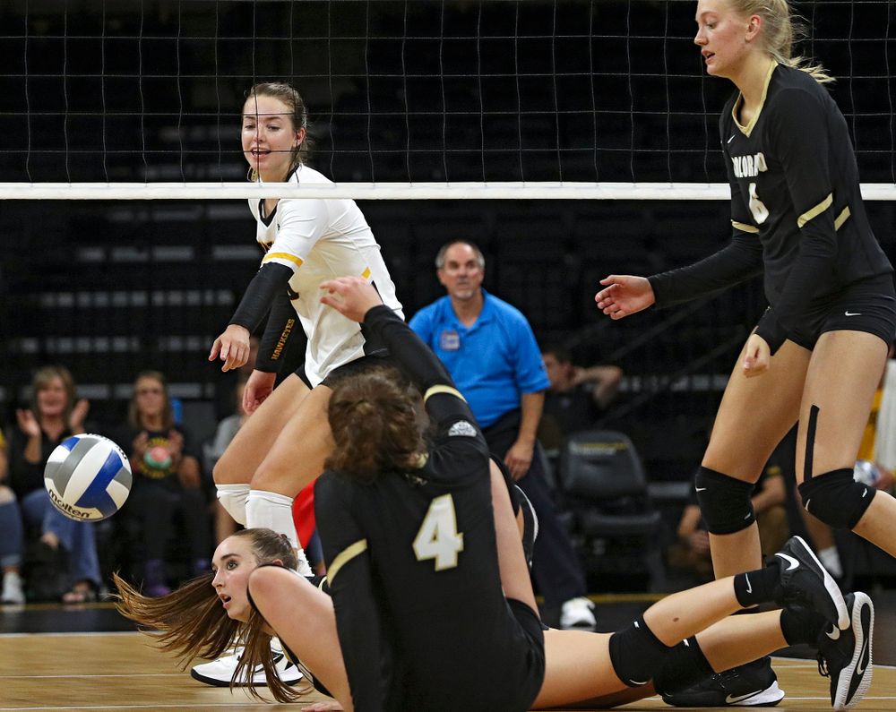 Iowa’s Meghan Buzzerio (5) points after blocking a shot during the third set of their Big Ten/Pac-12 Challenge match against Colorado at Carver-Hawkeye Arena in Iowa City on Friday, Sep 6, 2019. (Stephen Mally/hawkeyesports.com)
