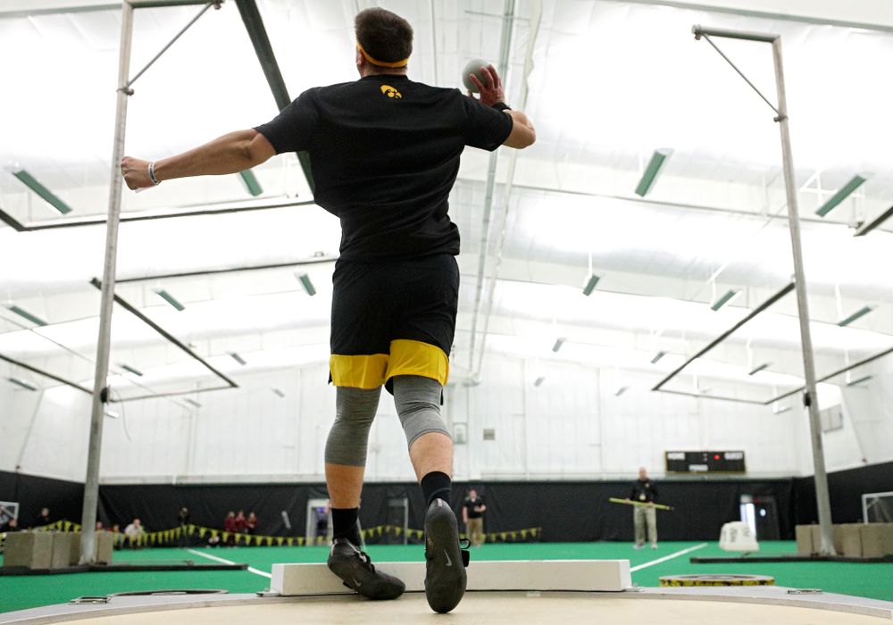 Iowa’s Jordan Johnson throws in the men’s shot put event during the Larry Wieczorek Invitational at the Hawkeye Tennis and Recreation Complex in Iowa City on Friday, January 17, 2020. (Stephen Mally/hawkeyesports.com)