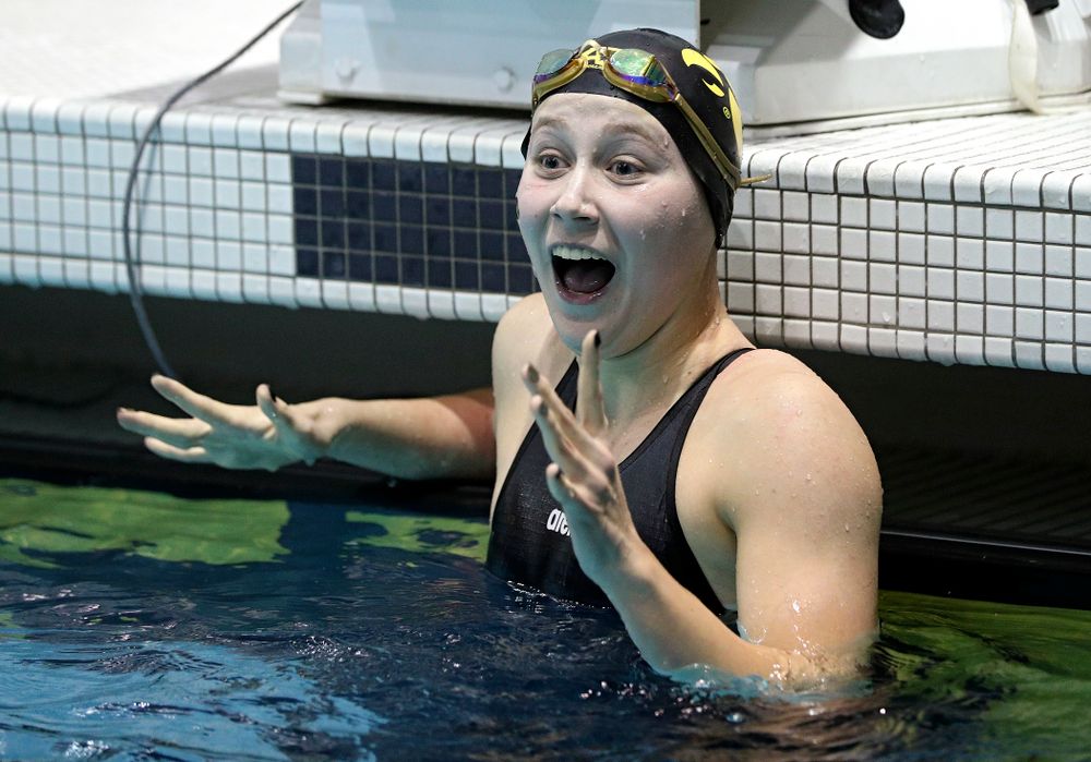 Iowa’s Aleksandra Olesiak reacts after setting a career-best time in the women’s 200 yard breaststroke C final event during the 2020 Women’s Big Ten Swimming and Diving Championships at the Campus Recreation and Wellness Center in Iowa City on Saturday, February 22, 2020. (Stephen Mally/hawkeyesports.com)