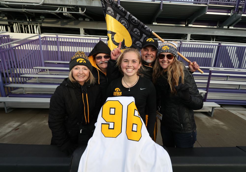 Iowa Hawkeyes Leslie Speight (96) and her family following their game against the Michigan Wolverines in the semi-finals of the Big Ten Tournament Friday, November 2, 2018 at Lakeside Field on the campus of Northwestern University in Evanston, Ill. (Brian Ray/hawkeyesports.com)