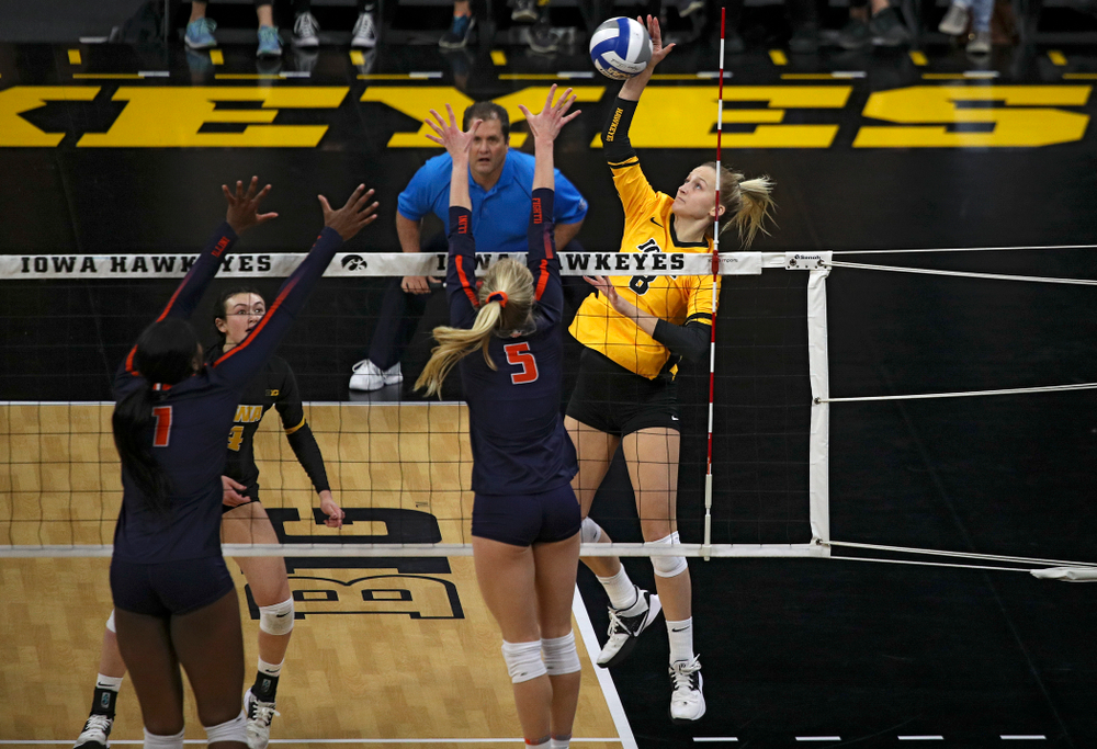 Iowa’s Kyndra Hansen (8) lines up a shot during the first set of their match against Illinois at Carver-Hawkeye Arena in Iowa City on Wednesday, Nov 6, 2019. (Stephen Mally/hawkeyesports.com)