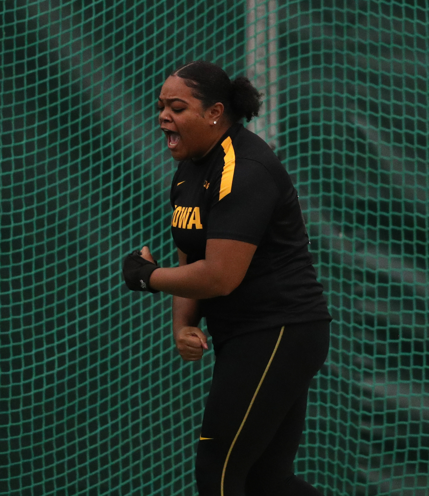 Iowa's Laulauga Tausaga sets a school record in the weight throw Friday, January 11, 2019 at the Hawkeye Tennis and Recreation Center. Tausaga set the new mark with a throw of 20.67m, 67-9 3/4. (Brian Ray/hawkeyesports.com)