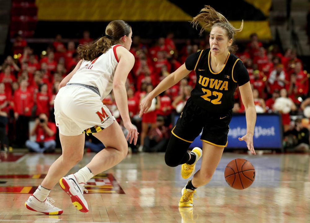 Iowa Hawkeyes guard Kathleen Doyle (22) against the Maryland Terrapins Thursday, February 13, 2020 at the Xfinity Center in College Park, MD. (Brian Ray/hawkeyesports.com)