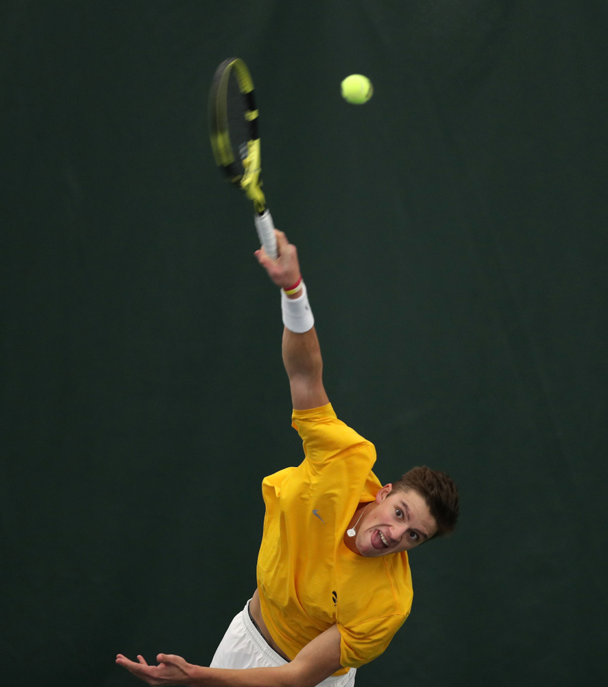 Joe Tyler against Utah Sunday, February 10, 2019 at the Hawkeye Tennis and Recreation Complex. (Brian Ray/hawkeyesports.com)