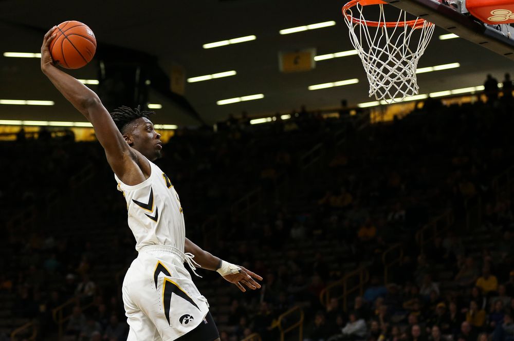 Iowa Hawkeyes forward Tyler Cook (25) dunks the ball during a game against Guilford College at Carver-Hawkeye Arena on November 4, 2018. (Tork Mason/hawkeyesports.com)