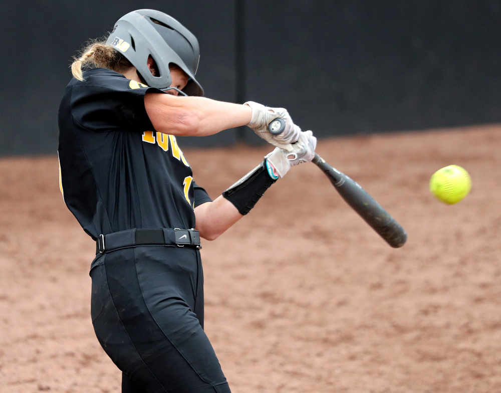 Iowa’s Kit Rocco (17) hits an RBI double during the sixth inning of their game against Iowa Softball vs Indian Hills Community College at Pearl Field in Iowa City on Sunday, Oct 6, 2019. (Stephen Mally/hawkeyesports.com)