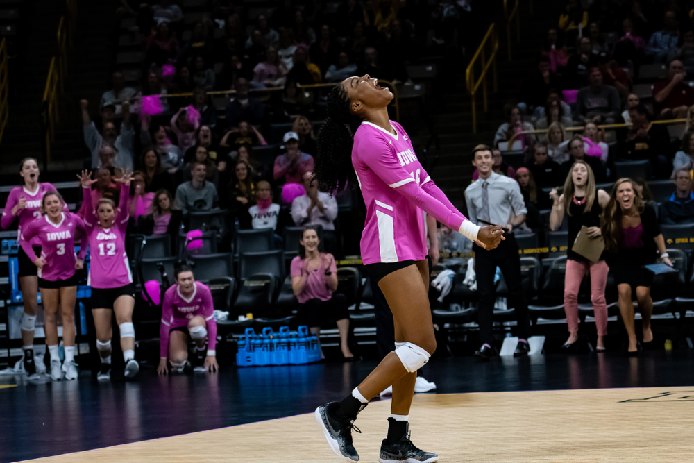 Iowa Hawkeyes outside hitter Taylor Louis (16) against the Wisconsin Badgers Saturday, October 6, 2018 at Carver-Hawkeye Arena. (Clem Messerli/Iowa Sports Pictures)