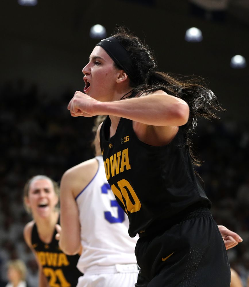 Iowa Hawkeyes forward Megan Gustafson (10) reacts after an and one against the Drake Bulldogs Friday, December 21, 2018 at the Knapp Center in Des Moines. (Brian Ray/hawkeyesports.com)