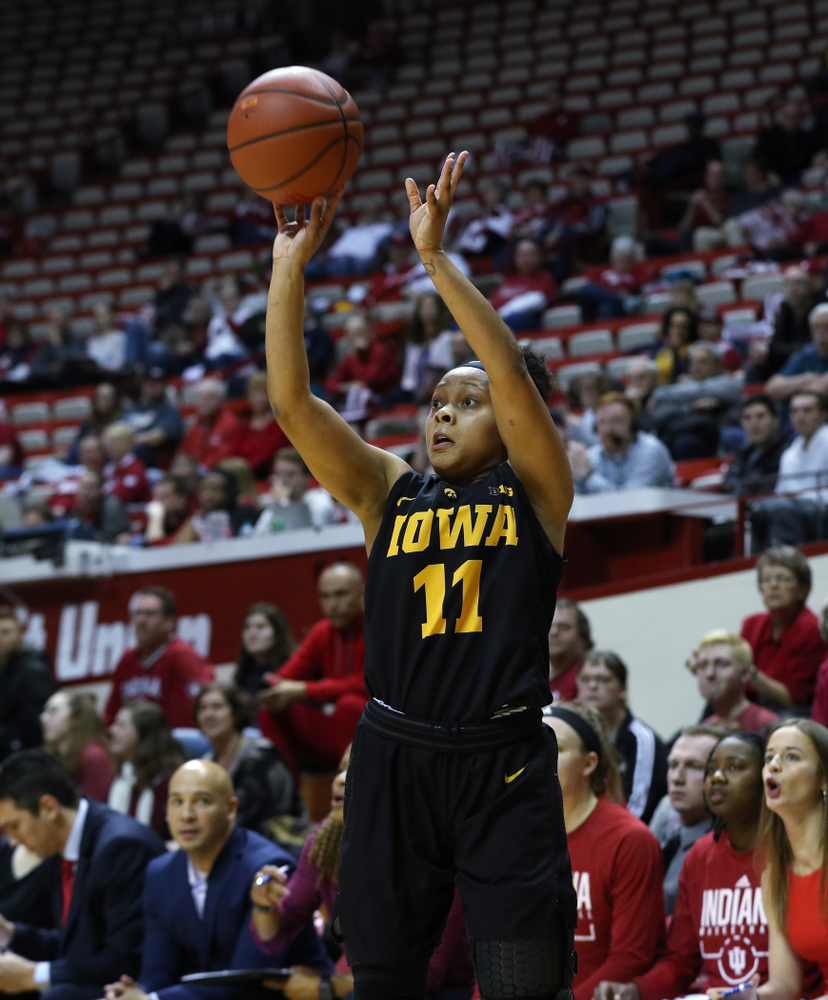 Iowa Hawkeyes guard Tania Davis (11) against the Indiana Hoosiers Thursday, February 21, 2019 at Simon Skjodt Assembly Hall. (Brian Ray/hawkeyesports.com)