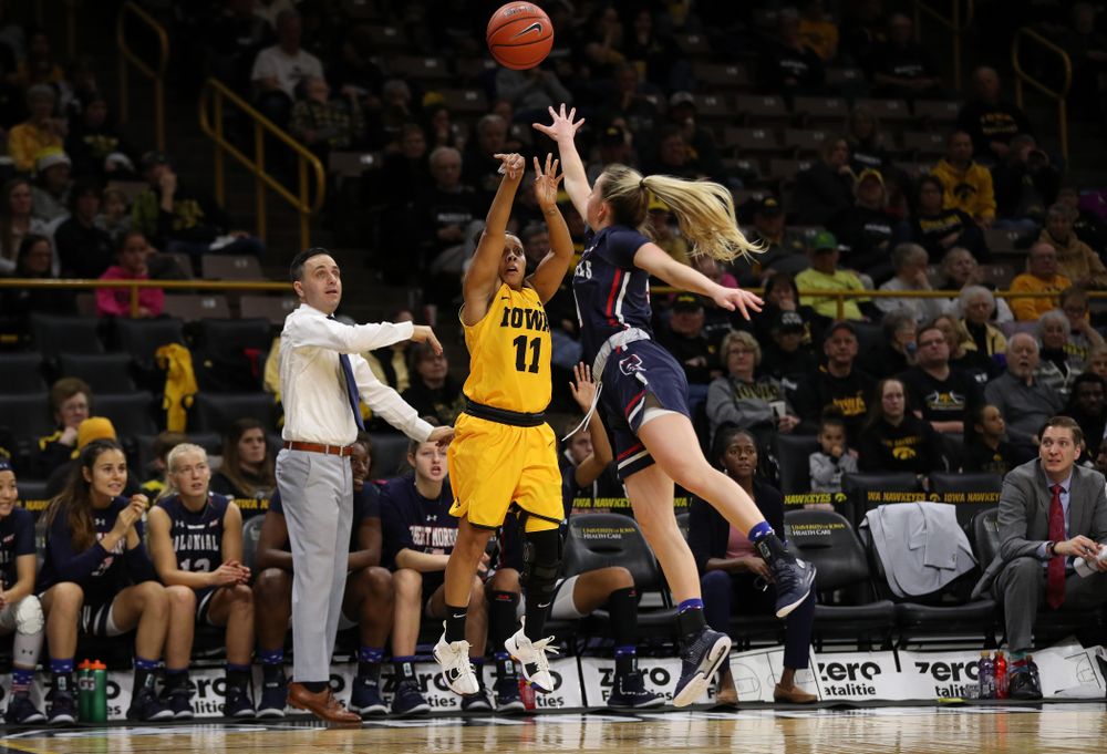 Iowa Hawkeyes guard Tania Davis (11) against the Robert Morris Colonials Sunday, December 2, 2018 at Carver-Hawkeye Arena. (Brian Ray/hawkeyesports.com)