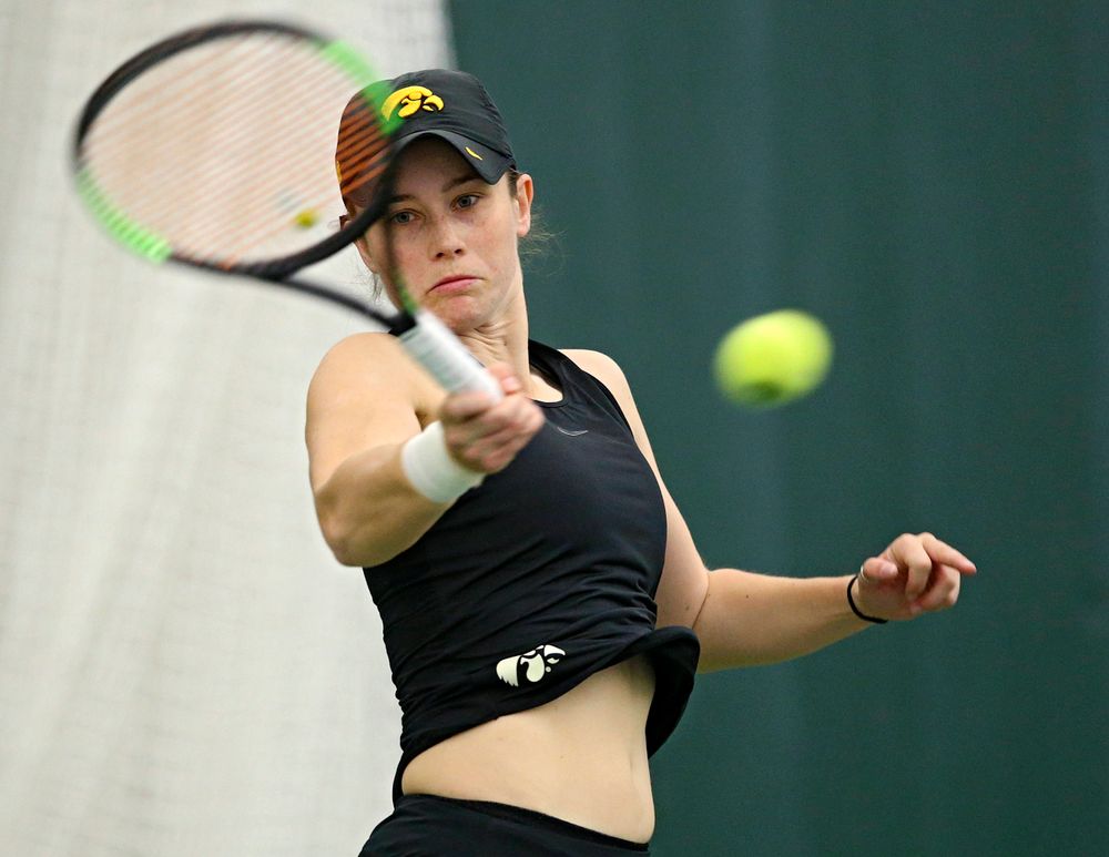 Iowa's Elise van Heuvelen Treadwell during their doubles match against Indiana at the Hawkeye Tennis and Recreation Complex in Iowa City on Sunday, Mar. 31, 2019. (Stephen Mally/hawkeyesports.com)