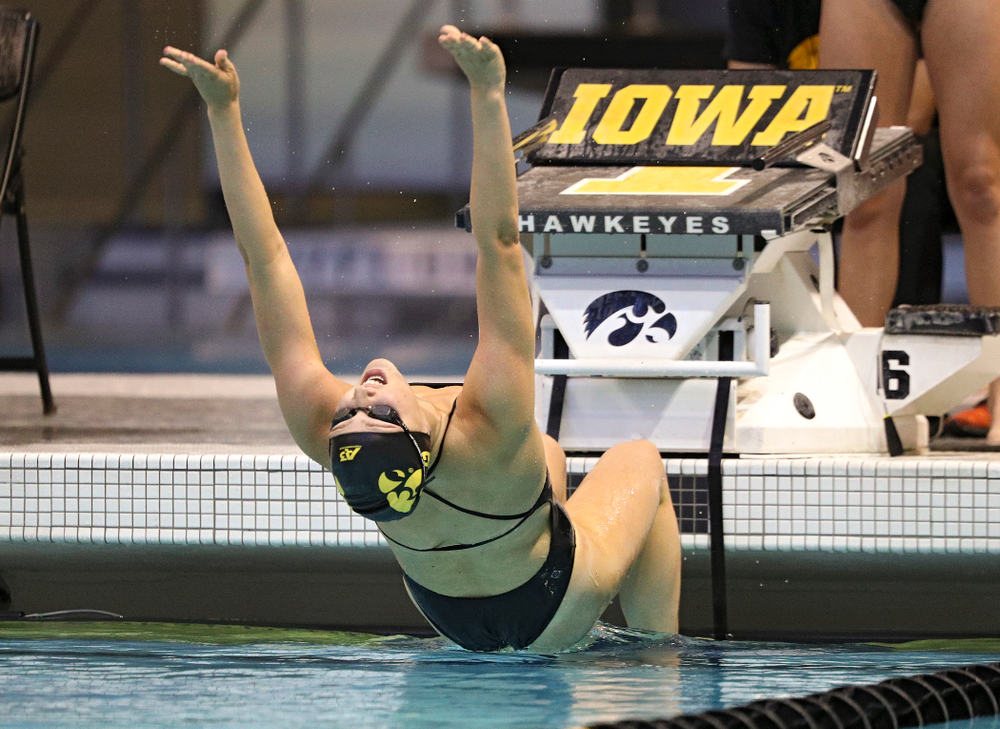 Iowa’s Emilia Sansome swims the backstroke section of the women’s 200-yard medley relay event during their meet against Michigan State and Northern Iowa at the Campus Recreation and Wellness Center in Iowa City on Friday, Oct 4, 2019. (Stephen Mally/hawkeyesports.com)