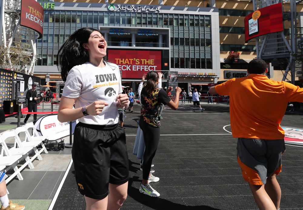 Iowa Hawkeyes forward Megan Gustafson (10) during a Special Olympics event Friday, April 12, 2019 as part of the ESPN College Basketball Awards in the XBOX Plaza at LA Live. (Brian Ray/hawkeyesports.com)