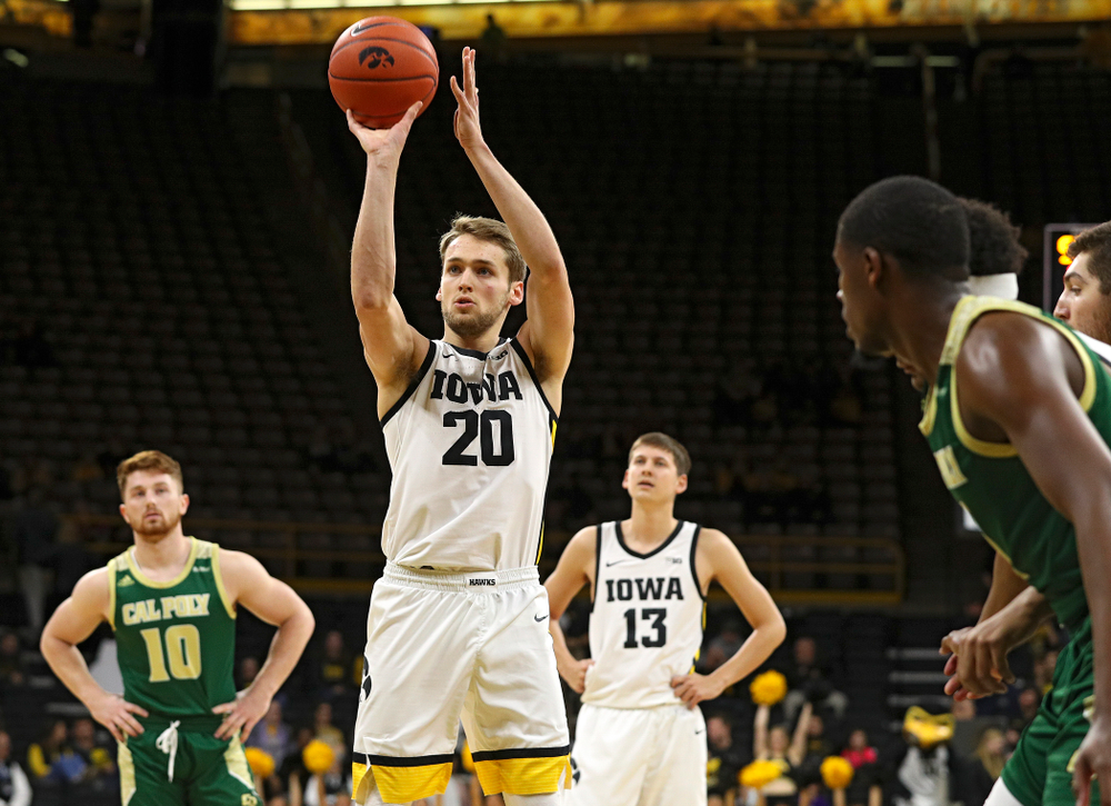Iowa Hawkeyes forward Riley Till (20) shoots a free throw during the second half of their game at Carver-Hawkeye Arena in Iowa City on Sunday, Nov 24, 2019. (Stephen Mally/hawkeyesports.com)