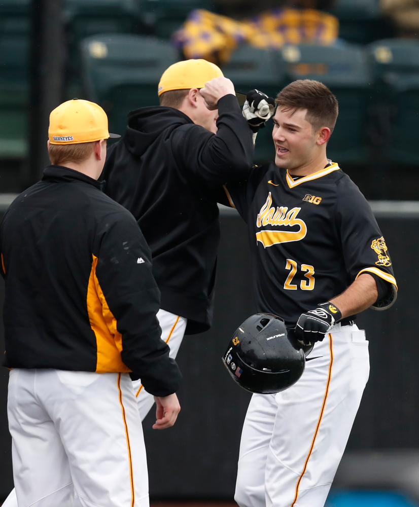 Iowa Hawkeyes infielder Kyle Crowl (23) against the Bradley Braves Wednesday, March 28, 2018 at Duane Banks Field. (Brian Ray/hawkeyesports.com)