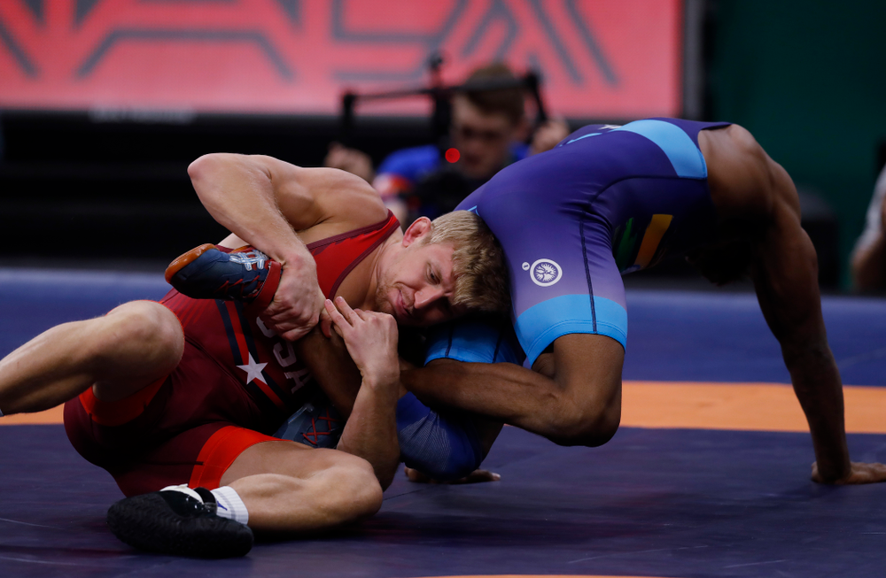 Kyle Dake during the United World Wrestling Freestyle World Cup Saturday, April 7, 2018 at Carver-Hawkeye Arena. (Brian Ray/hawkeyesports.com)