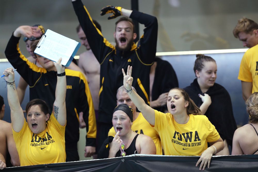 Iowa Hawkeye assistant coaches Sarah Stockwell-Gregson and Ashley Dell Thursday, November 15, 2018 during the 2018 Hawkeye Invitational at the Campus Recreation and Wellness Center. (Brian Ray/hawkeyesports.com)