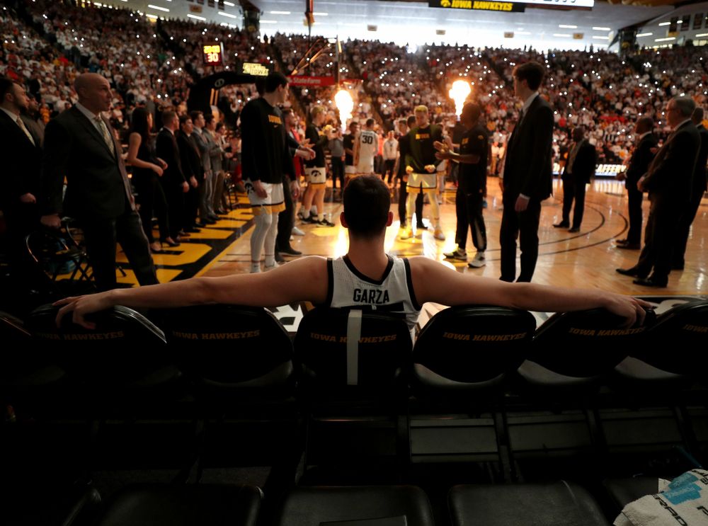 Iowa Hawkeyes forward Luka Garza (55) waits to be introduced before their game against the Illinois Fighting Illini Sunday, February 2, 2020 at Carver-Hawkeye Arena. (Brian Ray/hawkeyesports.com)