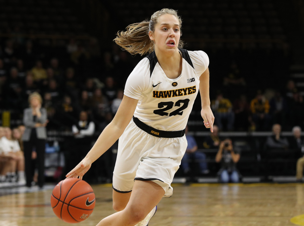 Iowa Hawkeyes guard Kathleen Doyle (22) against the Wisconsin Badgers Monday, January 7, 2019 at Carver-Hawkeye Arena. (Brian Ray/hawkeyesports.com)