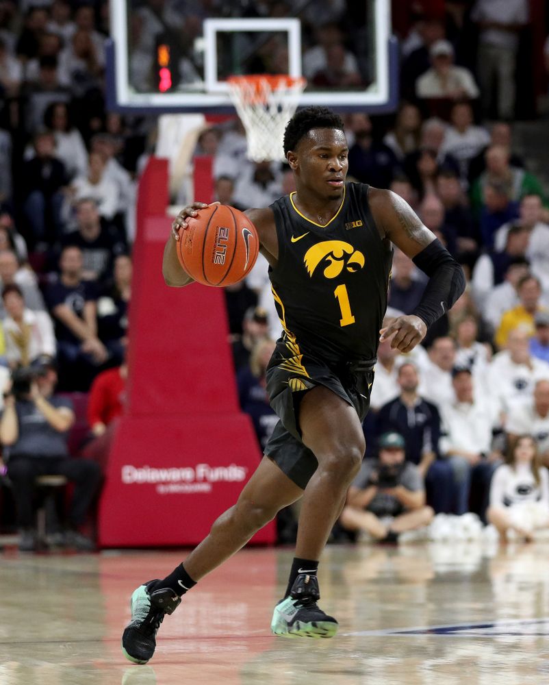Iowa Hawkeyes guard Joe Toussaint (1) against Penn State Saturday, January 4, 2020 at the Palestra in Philadelphia. (Brian Ray/hawkeyesports.com)