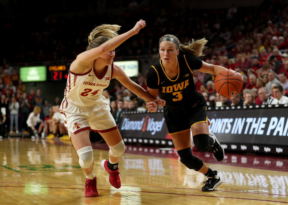 Iowa Hawkeyes guard Makenzie Meyer (3) against the Iowa State Cyclones Wednesday, December 11, 2019 at Hilton Coliseum in Ames, Iowa(Brian Ray/hawkeyesports.com)