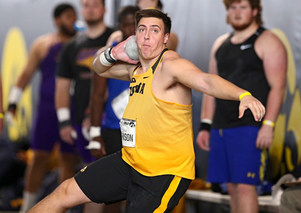 Iowa’s Jordan Johnson throws in the men’s shot put event at the Black and Gold Invite at the Recreation Building in Iowa City on Saturday, February 1, 2020. (Stephen Mally/hawkeyesports.com)