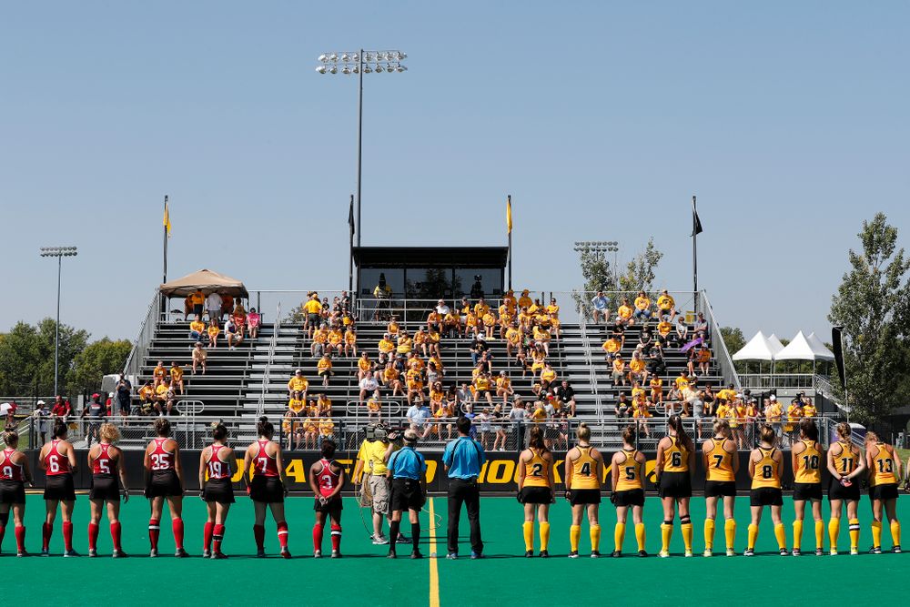 The Iowa Hawkeyes stand for the National Anthem and introductions before their game against Indiana Sunday, September 16, 2018 at Grant Field. (Brian Ray/hawkeyesports.com)