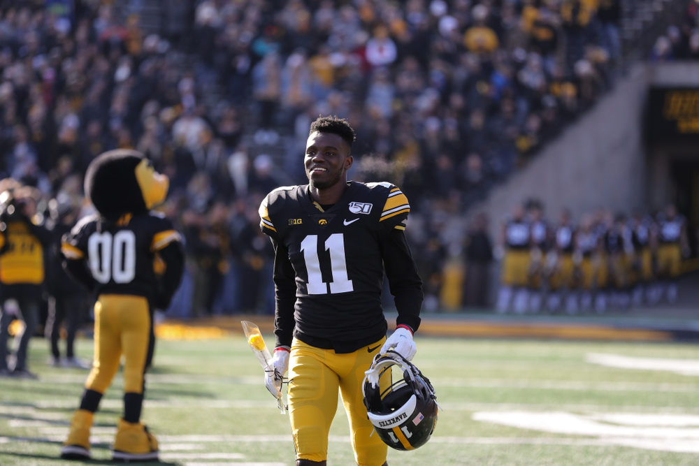 Iowa Hawkeyes defensive back Michael Ojemudia (11) during Senior Day festivities before their game against the Illinois Fighting Illini Saturday, November 23, 2019 at Kinnick Stadium. (Brian Ray/hawkeyesports.com)