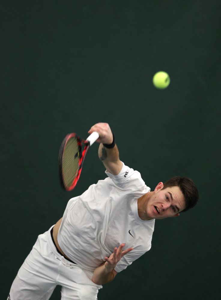 Iowa's Jonas Larsen against North Dakota Friday, January 25, 2019 at the Hawkeye Tennis and Recreation Complex. (Brian Ray/hawkeyesports.com)