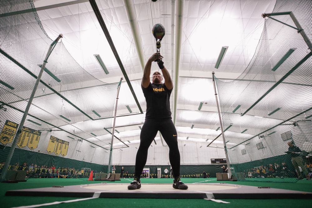 Iowa's Laulauga Tausaga sets a school record in the weight throw Friday, January 11, 2019 at the Hawkeye Tennis and Recreation Center. Tausaga set the new mark with a throw of 20.67m, 67-9 3/4. (Brian Ray/hawkeyesports.com)