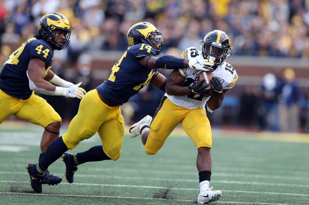 Iowa Hawkeyes running back Tyler Goodson (15) against the Michigan Wolverines Saturday, October 5, 2019 at Michigan Stadium in Ann Arbor, MI. (Brian Ray/hawkeyesports.com)