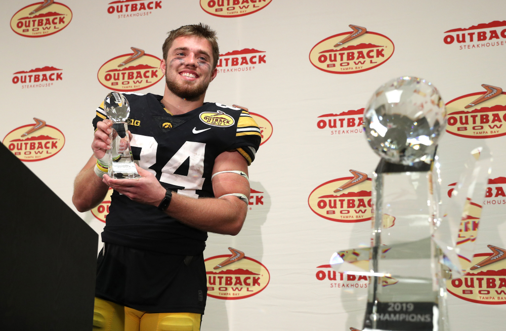 MVP Iowa Hawkeyes wide receiver Nick Easley (84) following their Outback Bowl victory Tuesday, January 1, 2019 at Raymond James Stadium in Tampa, FL. (Brian Ray/hawkeyesports.com)
