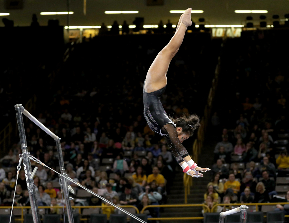 Iowa’s Clair Kaji competes on the bars against Michigan State Saturday, February 1, 2020 at Carver-Hawkeye Arena. (Brian Ray/hawkeyesports.com)