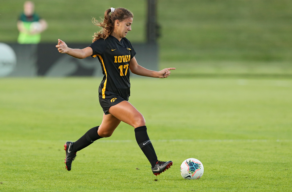 Iowa defender Hannah Drkulec (17) prepares to pass during the first half of their match against Western Michigan at the Iowa Soccer Complex in Iowa City on Thursday, Aug 22, 2019. (Stephen Mally/hawkeyesports.com)