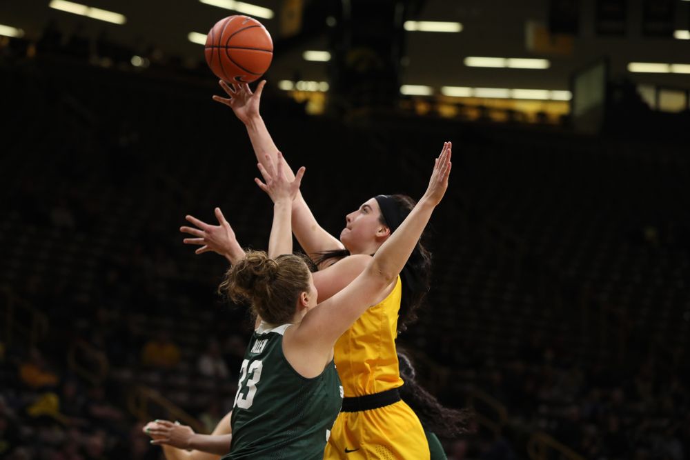 Iowa Hawkeyes forward Megan Gustafson (10) against the Michigan State Spartans Thursday, February 7, 2019 at Carver-Hawkeye Arena. (Brian Ray/hawkeyesports.com)