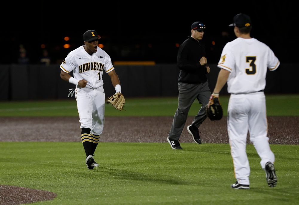 Iowa Hawkeyes third baseman Lorenzo Elion (1) celebrates after defeating the Michigan Wolverines Friday, April 27, 2018 at Duane Banks Field in Iowa City. (Brian Ray/hawkeyesports.com)