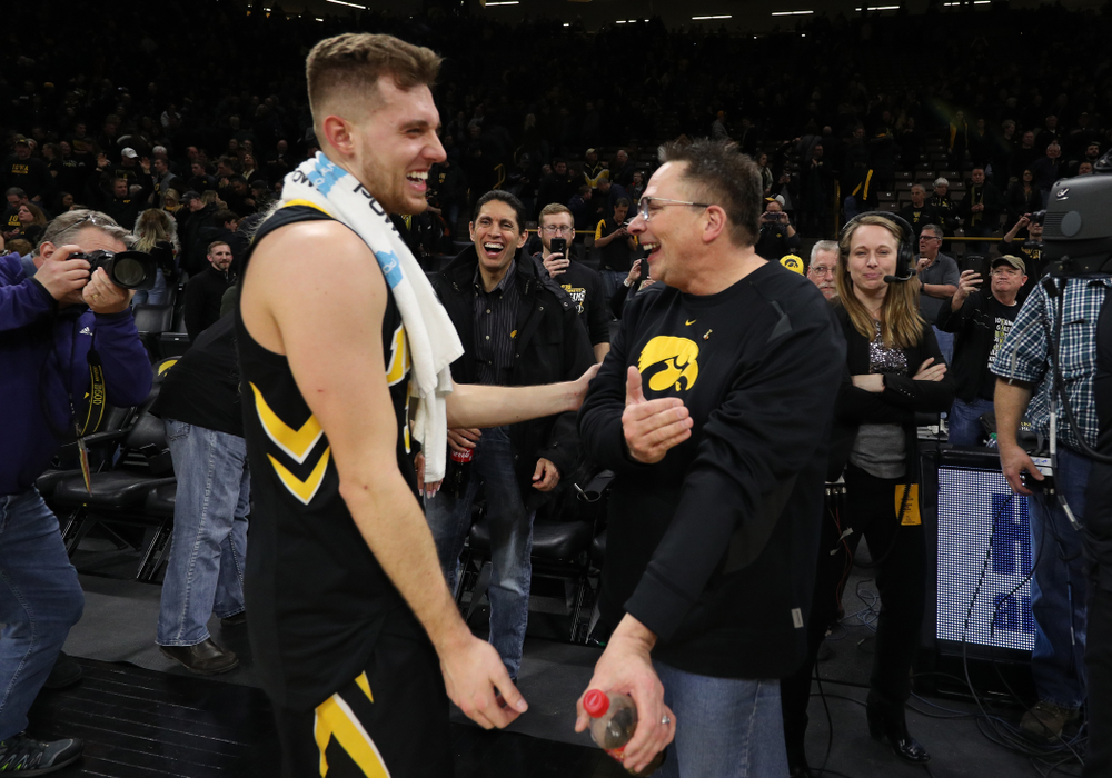 Iowa Hawkeyes guard Jordan Bohannon (3) and Brent Feller against the Indiana Hoosiers Friday, February 22, 2019 at Carver-Hawkeye Arena. (Brian Ray/hawkeyesports.com)