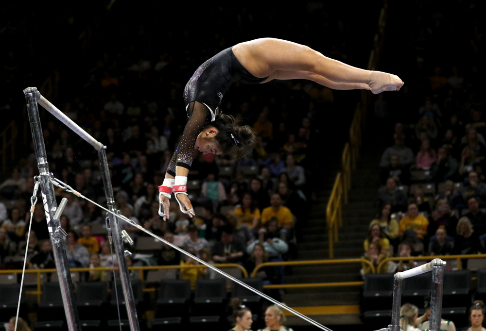 Iowa’s Clair Kaji competes on the bars against Michigan State Saturday, February 1, 2020 at Carver-Hawkeye Arena. (Brian Ray/hawkeyesports.com)