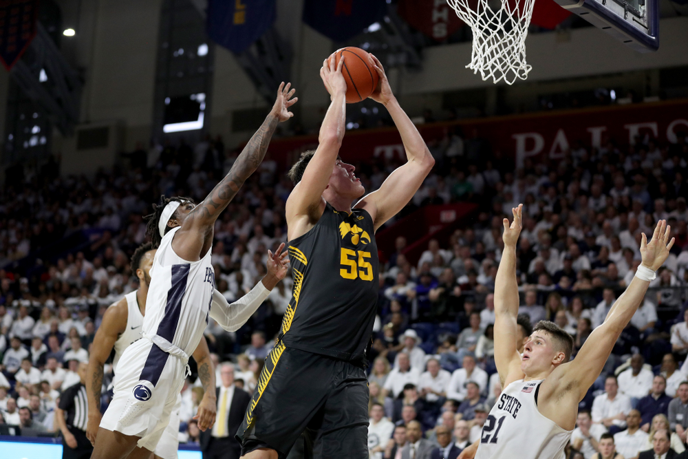 Iowa Hawkeyes forward Luka Garza (55) against Penn State Saturday, January 4, 2020 at the Palestra in Philadelphia. (Brian Ray/hawkeyesports.com)
